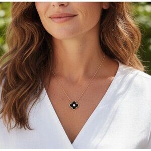 EHC 925 Gold Plated Dainty Black Enamel Flower Pendant Necklace Sterling Silver